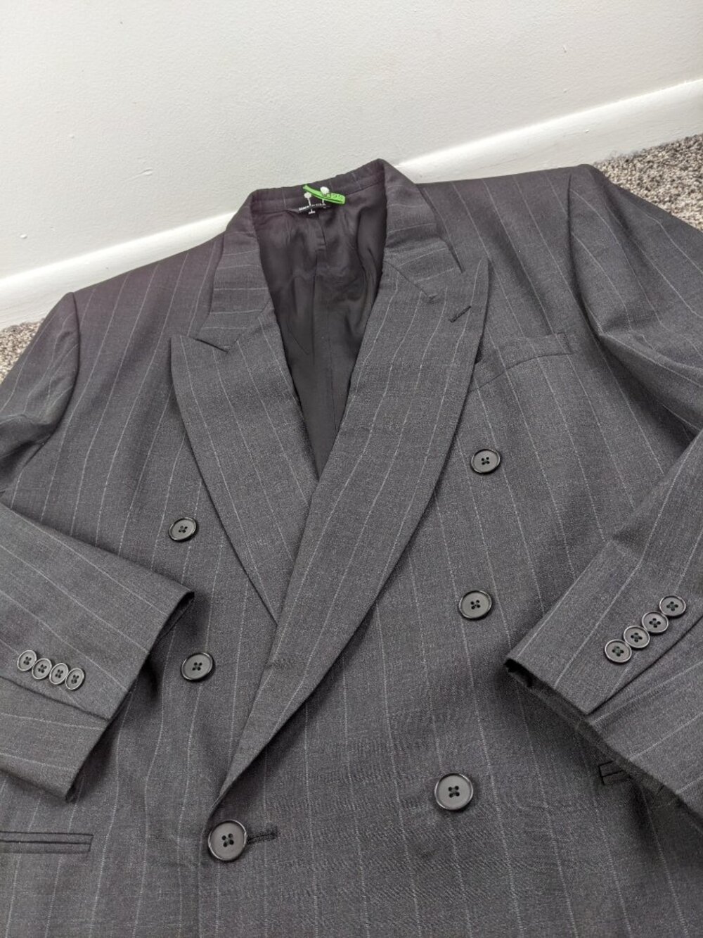 Vintage Perry Ellis 48L Suit Wool Double Breasted Chalk Striped 40x34 USA Made - Picture 3 of 15